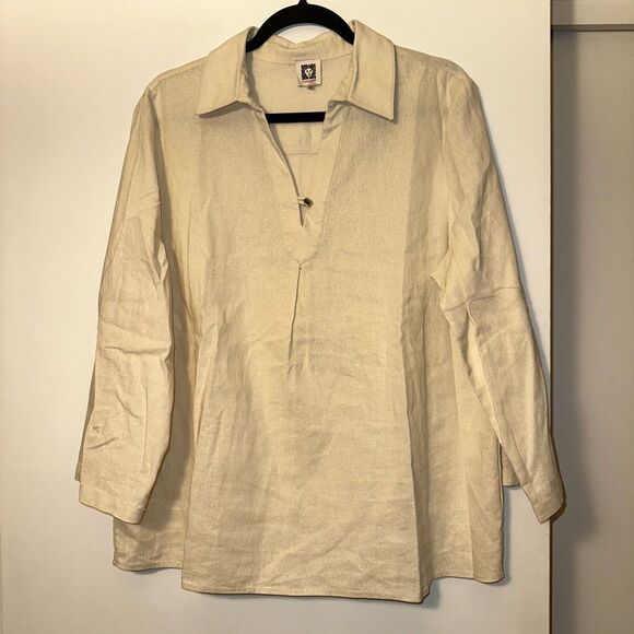 Anne Klein XL Linen Beige Sparkle V Neck Collared Pullover Blouse NWOT - Picture 1 of 13